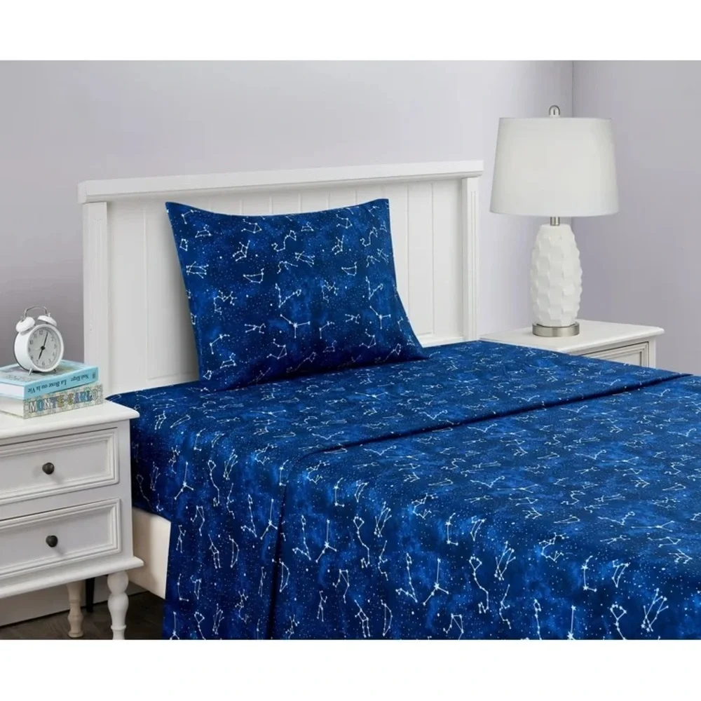 Kids' Soft Microfiber Sheet Set, Navy Blue Stars 4 Pieces Bedding Set